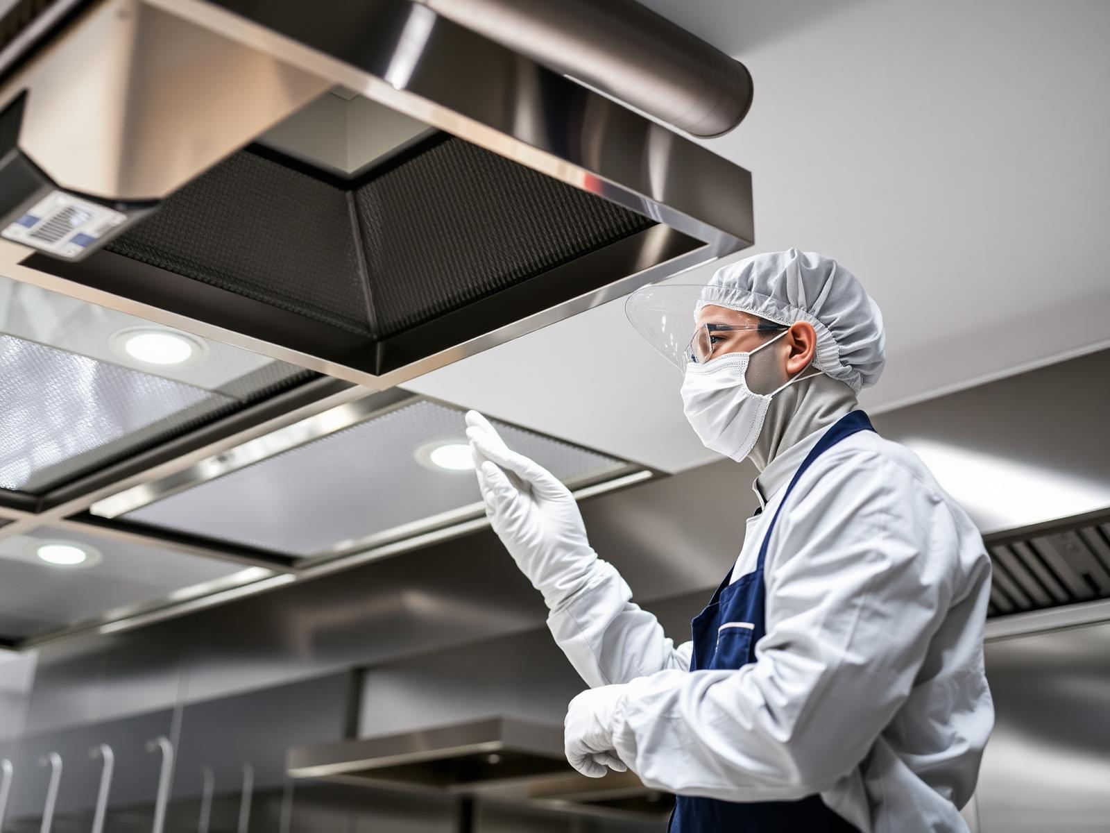 Engineer inspecting a commercial kitchen extract canopy